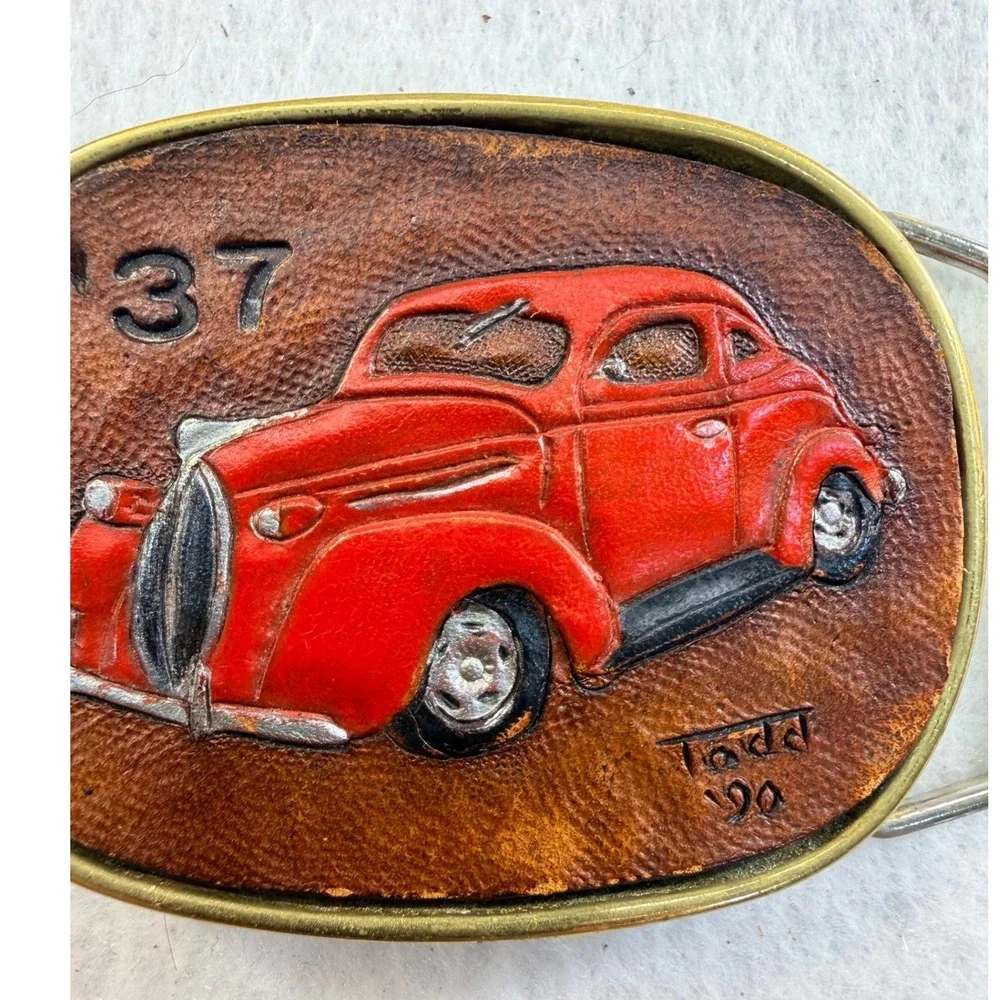 Vintage 1990 Todd Handcrafted Leather 1937 Car Solid Brass Belt Buckle Red Car